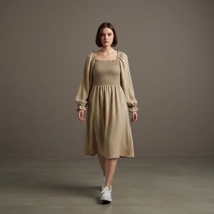 Elegant olive green with black dots knee length dress